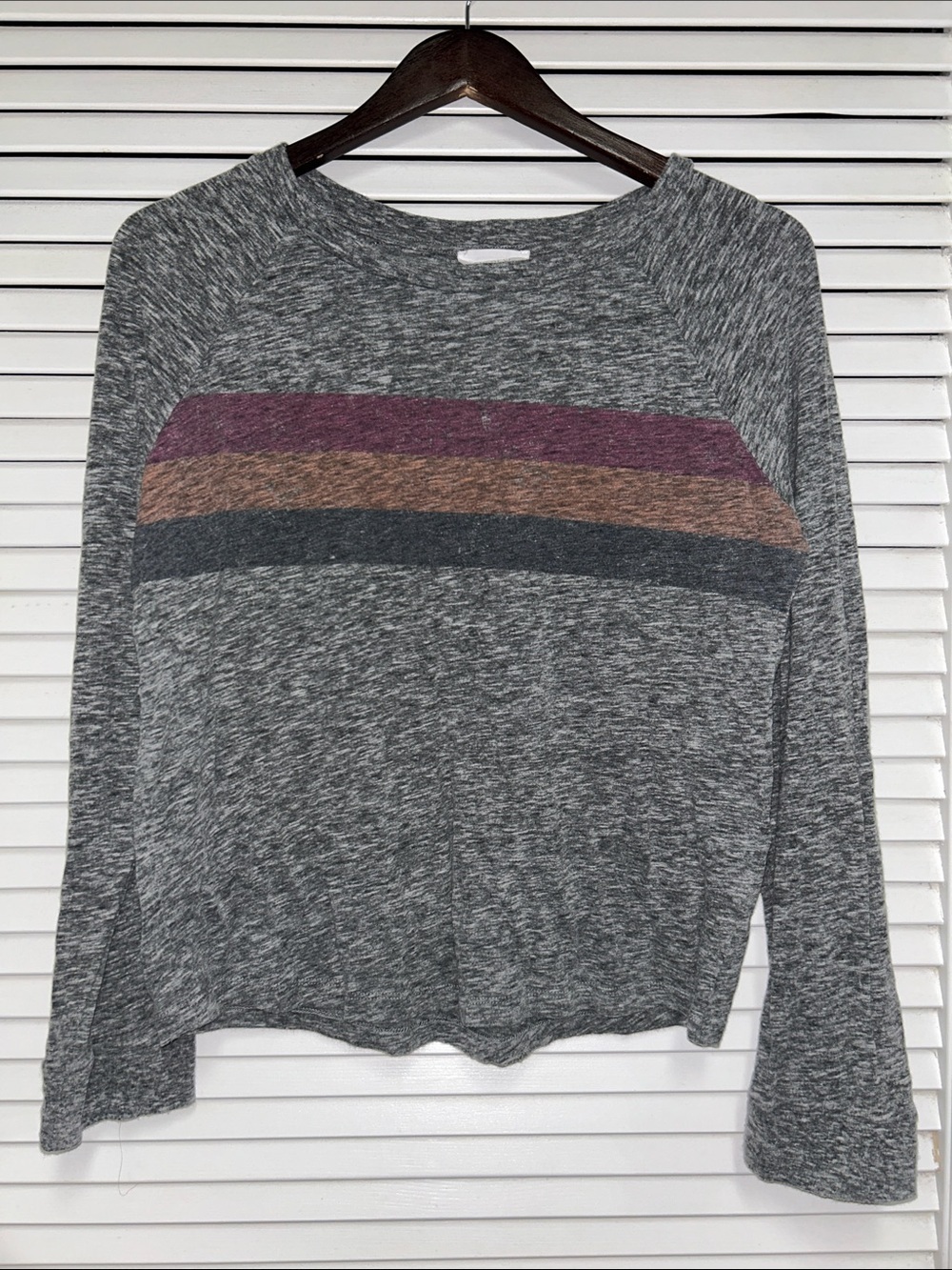 Evereve Heather Grey Long Sleeve Tee with Berry, Taupe, and Charcoal Stripes